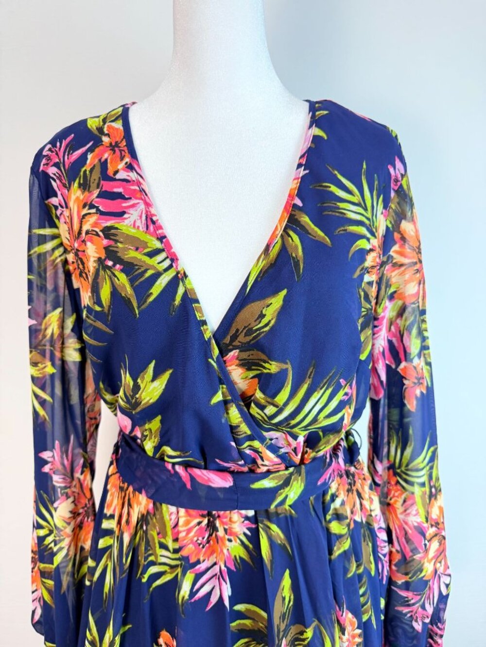 Renn Womens XL Tropical Floral Maxi Dress Blue Long Sleeve Belted NWT - Picture 15 of 16